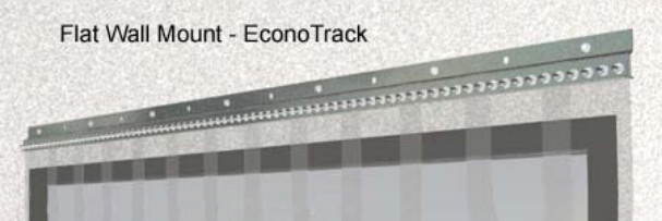 A metal EconoTrack flat wall mount strip is installed horizontally on a light-colored wall above translucent strip curtain doors Chatham.