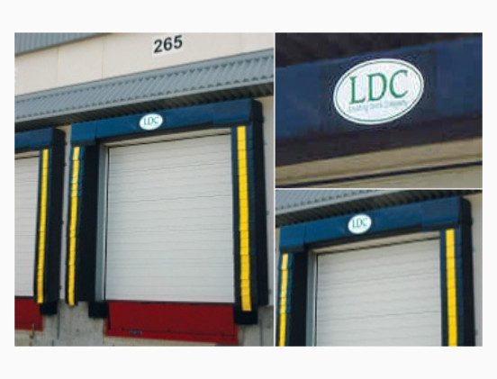A warehouse loading dock with a closed overhead door features yellow and blue bumpers, loading dock seals Windsor, and an LDC logo above. Two close-ups show the LDC logo. Building number 265 is visible above the dock.