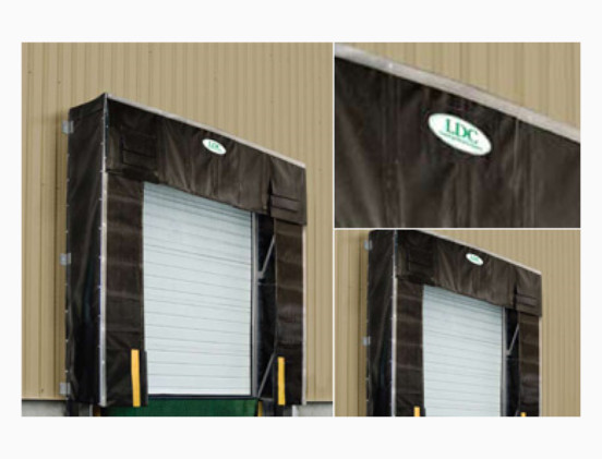 Loading dock with a black dock shelter, white overhead door, and two yellow dock seals and bumpers. Two close-up insets show the LDC logo on the dock shelter.