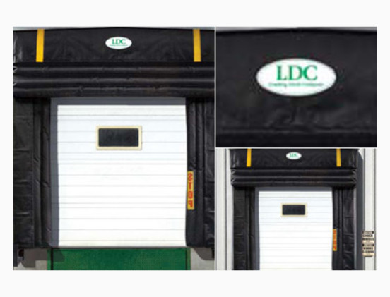 A white industrial loading dock door with a black padded seal, small rectangular window, and the LDC logo above the door. Zoomed-in views highlight quality dock door seals and detailed padding.