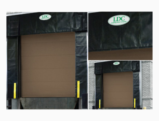 A brown loading dock door with black padded dock door seals, yellow bumpers, and an LDC sign above. The image includes close-up and wider views of the dock.