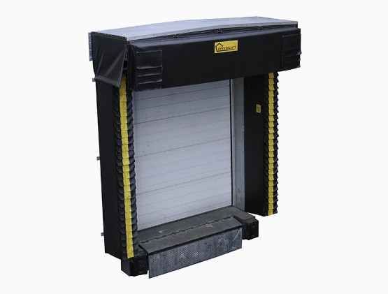 A black and yellow loading dock shelter with a rolled-up overhead door, protective side pads, loading dock curtains, and a raised metal platform.