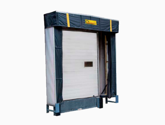 A loading dock door with dock door seals and a retractable black and yellow shelter, mounted on a metal frame, designed for trucks to back up and unload goods efficiently.